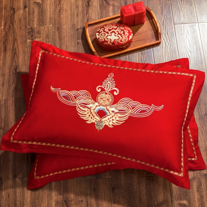 91家纺网 家纺一手货源 找家纺 慕她婚庆四件套大红色大花结婚全棉纯棉刺绣花多件套直播 龙凤成双