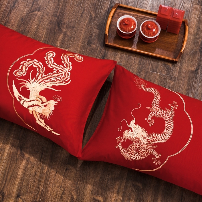 91家纺网 家纺一手货源 找家纺 慕她婚庆四件套大红色大花结婚全棉纯棉刺绣花多件套直播 龙凤成双