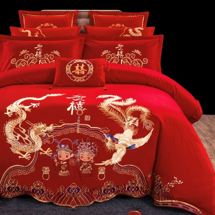 91家纺网 家纺一手货源 找家纺 慕她婚庆四件套大红色大花结婚全棉纯棉刺绣花多件套直播 龙凤贺喜