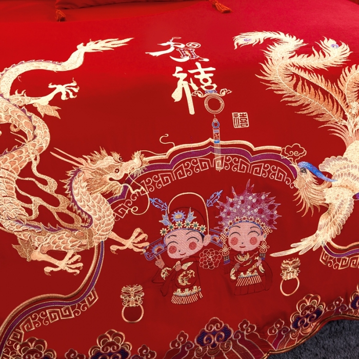 91家纺网 家纺一手货源 找家纺 慕她婚庆四件套大红色大花结婚全棉纯棉刺绣花多件套直播 龙凤贺喜