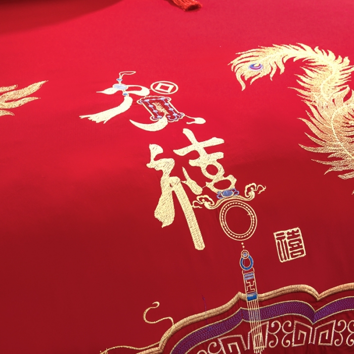 91家纺网 家纺一手货源 找家纺 慕她婚庆四件套大红色大花结婚全棉纯棉刺绣花多件套直播 龙凤贺喜