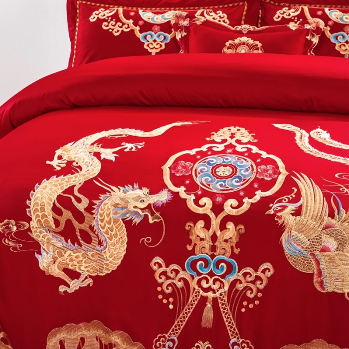 91家纺网 家纺一手货源 找家纺 慕她婚庆四件套大红色大花结婚全棉纯棉刺绣花多件套直播 龙凤齐眉