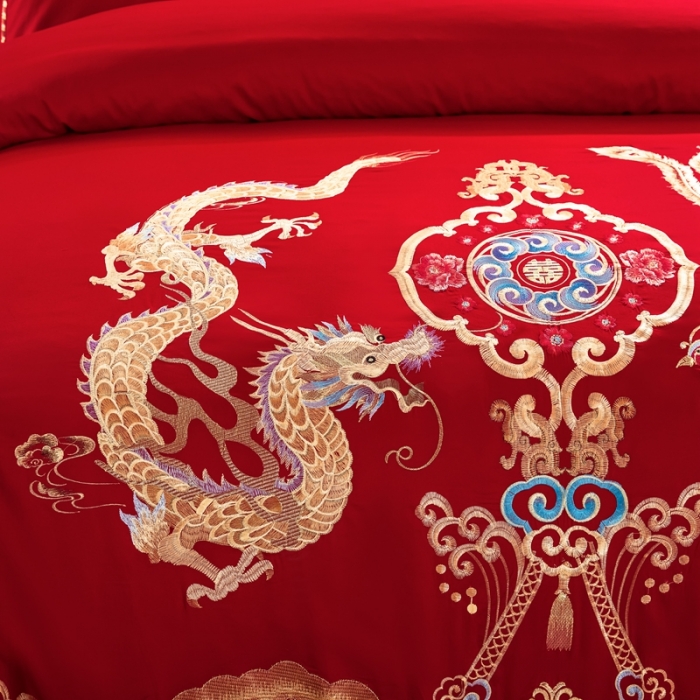 91家纺网 家纺一手货源 找家纺 慕她婚庆四件套大红色大花结婚全棉纯棉刺绣花多件套直播 龙凤齐眉