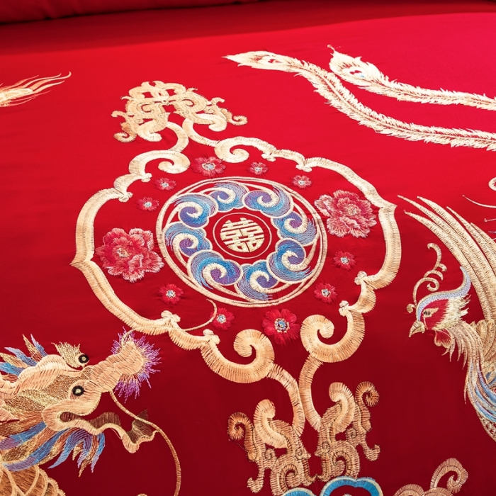 91家纺网 家纺一手货源 找家纺 慕她婚庆四件套大红色大花结婚全棉纯棉刺绣花多件套直播 龙凤齐眉