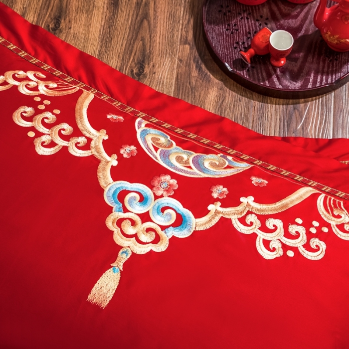 91家纺网 家纺一手货源 找家纺 慕她婚庆四件套大红色大花结婚全棉纯棉刺绣花多件套直播 龙凤齐眉