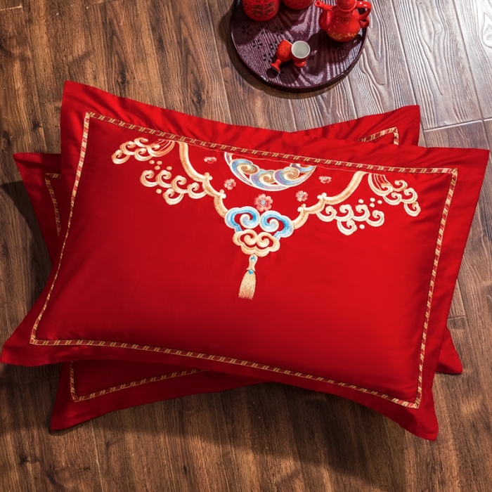 91家纺网 家纺一手货源 找家纺 慕她婚庆四件套大红色大花结婚全棉纯棉刺绣花多件套直播 龙凤齐眉