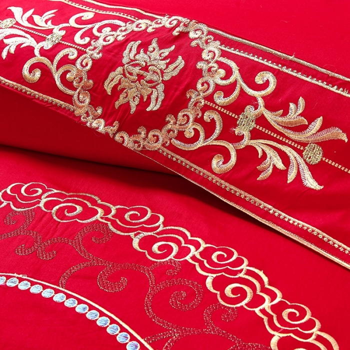 91家纺网 家纺一手货源 找家纺 慕她婚庆四件套大红色大花结婚全棉纯棉刺绣花多件套直播 龙凤情深