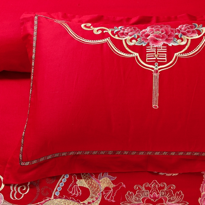 91家纺网 家纺一手货源 找家纺 慕她婚庆四件套大红色大花结婚全棉纯棉刺绣花多件套直播 龙凤情深