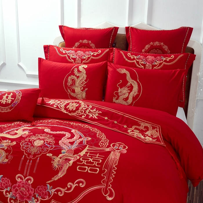 91家纺网 家纺一手货源 找家纺 慕她婚庆四件套大红色大花结婚全棉纯棉刺绣花多件套直播 龙凤情深
