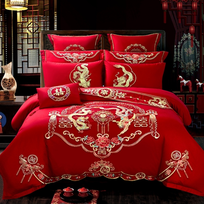 91家纺网 家纺一手货源 找家纺 慕她婚庆四件套大红色大花结婚全棉纯棉刺绣花多件套直播 龙凤情深