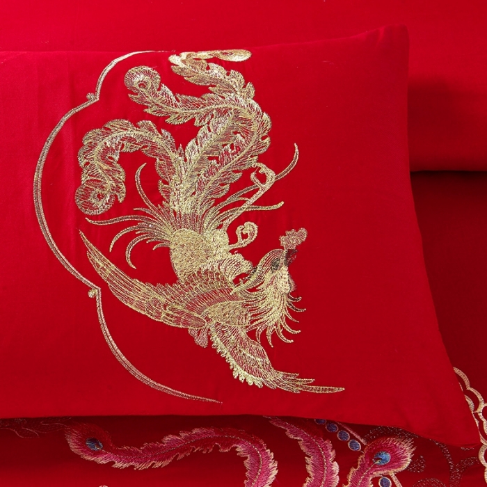 91家纺网 家纺一手货源 找家纺 慕她婚庆四件套大红色大花结婚全棉纯棉刺绣花多件套直播 龙凤情深