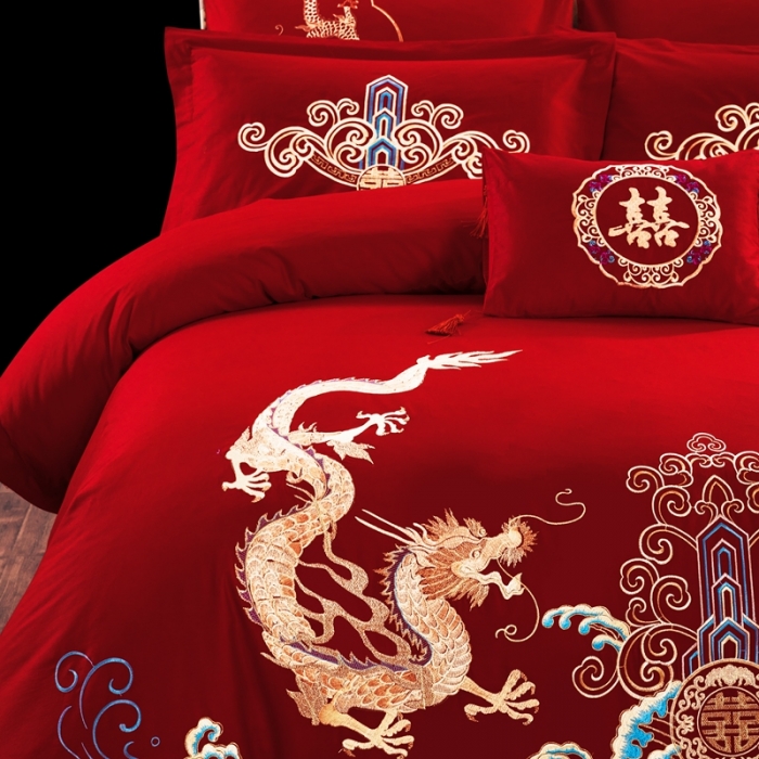 91家纺网 家纺一手货源 找家纺 慕她婚庆四件套大红色大花结婚全棉纯棉刺绣花多件套直播 龙腾凤舞