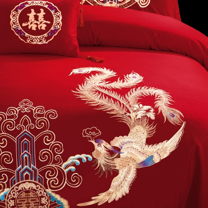 91家纺网 家纺一手货源 找家纺 慕她婚庆四件套大红色大花结婚全棉纯棉刺绣花多件套直播 龙腾凤舞