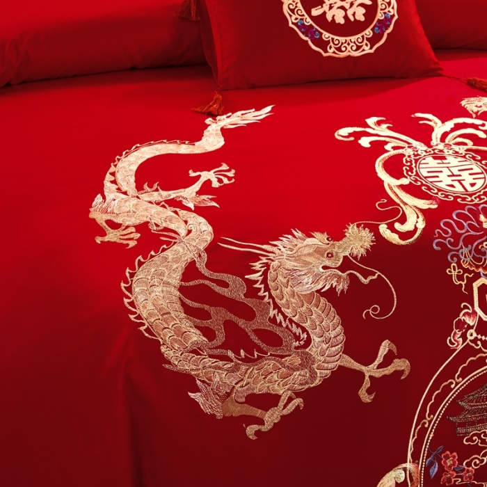 91家纺网 家纺一手货源 找家纺 慕她婚庆四件套大红色大花结婚全棉纯棉刺绣花多件套直播 盘龙戏凤