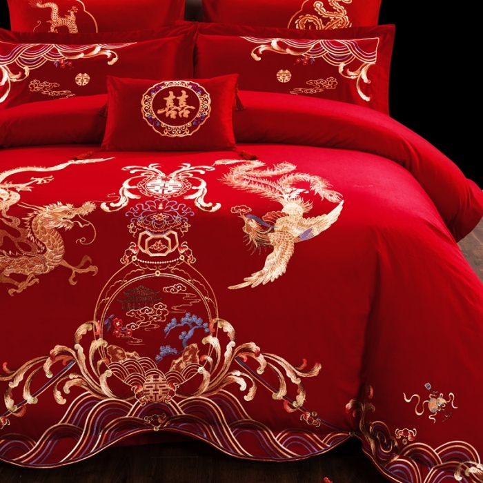 91家纺网 家纺一手货源 找家纺 慕她婚庆四件套大红色大花结婚全棉纯棉刺绣花多件套直播 盘龙戏凤