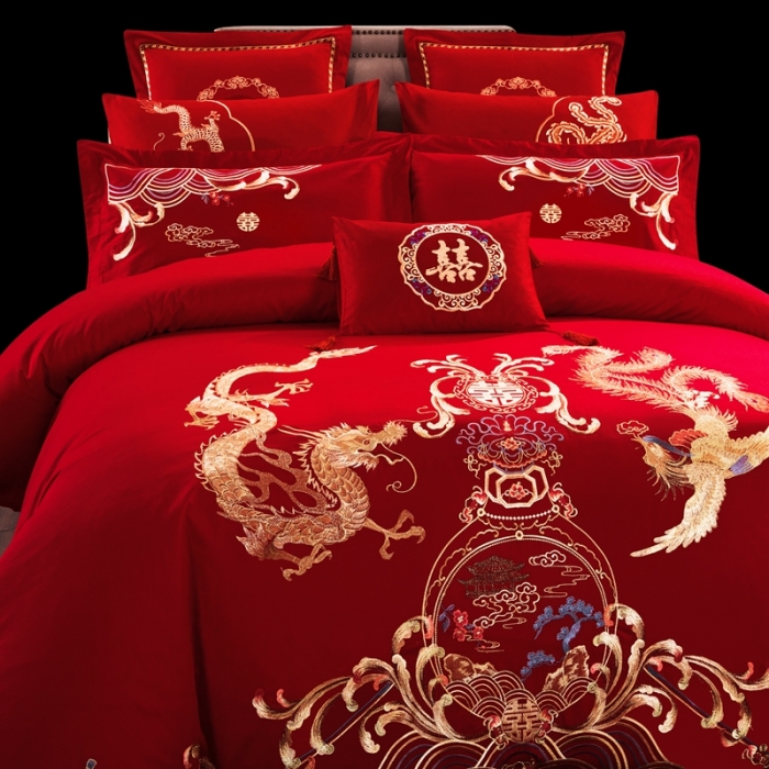 91家纺网 家纺一手货源 找家纺 慕她婚庆四件套大红色大花结婚全棉纯棉刺绣花多件套直播 盘龙戏凤