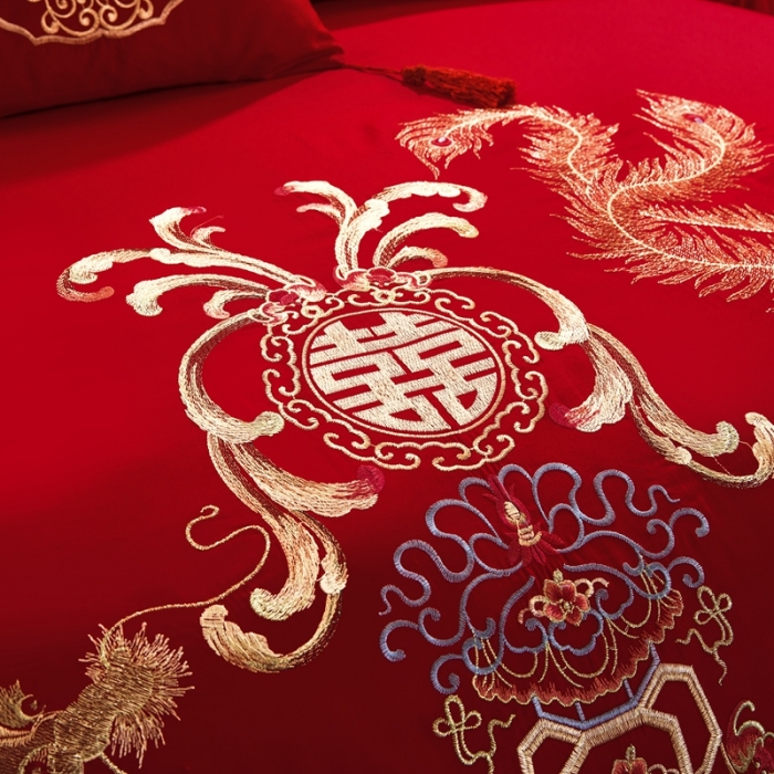 91家纺网 家纺一手货源 找家纺 慕她婚庆四件套大红色大花结婚全棉纯棉刺绣花多件套直播 盘龙戏凤