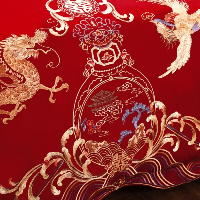 91家纺网 家纺一手货源 找家纺 慕她婚庆四件套大红色大花结婚全棉纯棉刺绣花多件套直播 盘龙戏凤