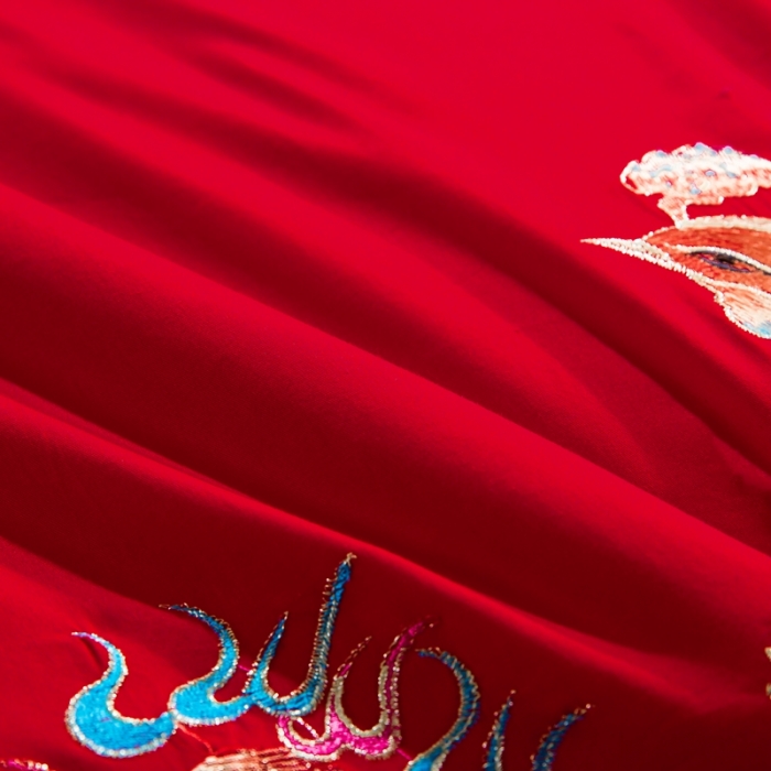 91家纺网 家纺一手货源 找家纺 慕她婚庆四件套大红色大花结婚全棉纯棉刺绣花多件套直播 盘龙逸凤