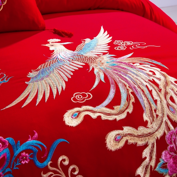 91家纺网 家纺一手货源 找家纺 慕她婚庆四件套大红色大花结婚全棉纯棉刺绣花多件套直播 盘龙逸凤