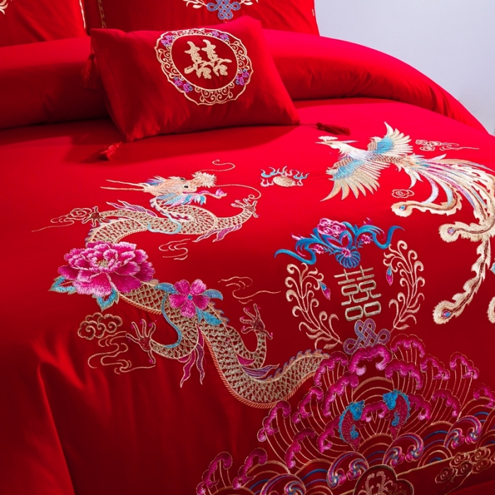 91家纺网 家纺一手货源 找家纺 慕她婚庆四件套大红色大花结婚全棉纯棉刺绣花多件套直播 盘龙逸凤