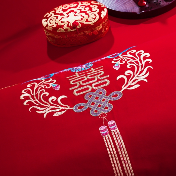 91家纺网 家纺一手货源 找家纺 慕她婚庆四件套大红色大花结婚全棉纯棉刺绣花多件套直播 盘龙逸凤