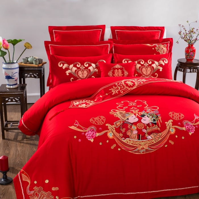 91家纺网 家纺一手货源 找家纺 慕她婚庆四件套大红色大花结婚全棉纯棉刺绣花多件套直播 卿卿我我