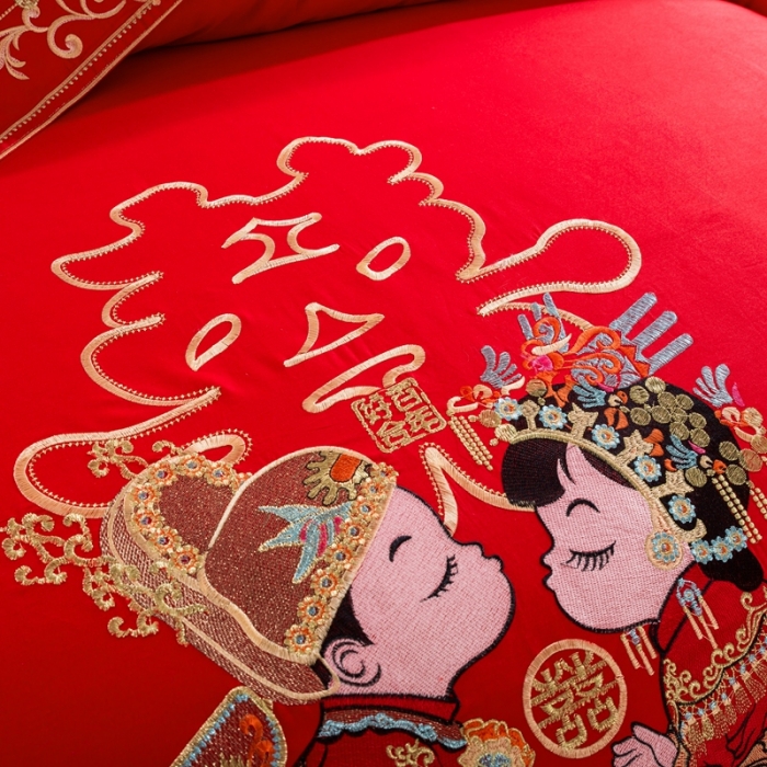 91家纺网 家纺一手货源 找家纺 慕她婚庆四件套大红色大花结婚全棉纯棉刺绣花多件套直播 卿卿我我