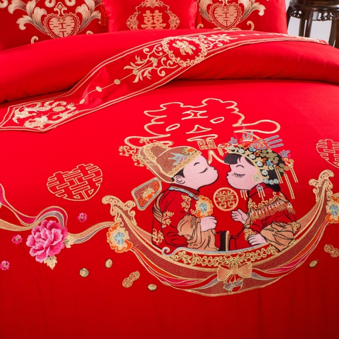 91家纺网 家纺一手货源 找家纺 慕她婚庆四件套大红色大花结婚全棉纯棉刺绣花多件套直播 卿卿我我