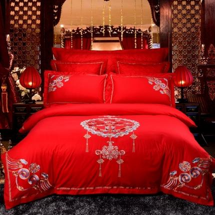 慕她婚庆四件套大红色大花结婚全棉纯棉刺绣花多件套直播 双喜良缘