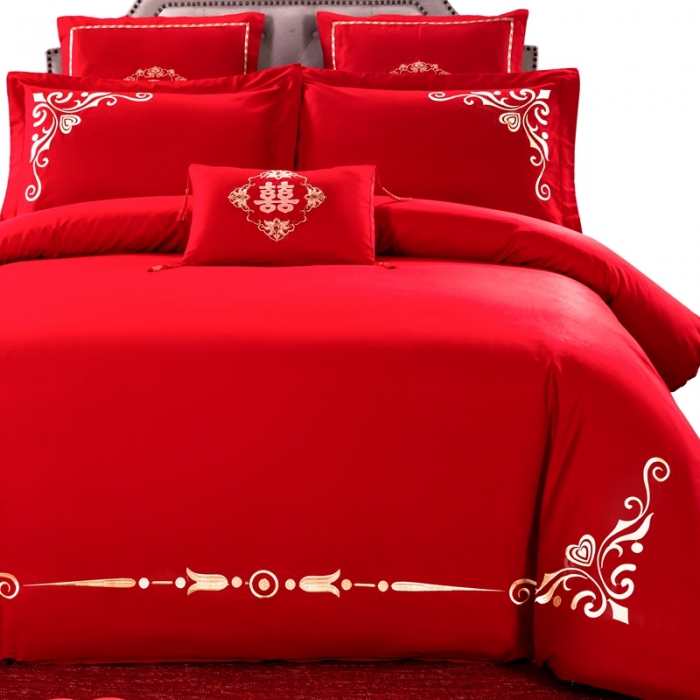 91家纺网 家纺一手货源 找家纺 慕她婚庆四件套大红色结婚全棉纯棉简约刺绣花多件套直播 千禧之恋