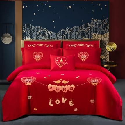 91家纺网 家纺一手货源 找家纺 （总）慕她婚庆四件套大红色结婚加厚磨毛刺绣花多件套直播