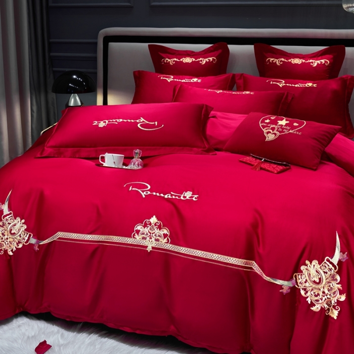 91家纺网 家纺一手货源 找家纺 慕她婚庆四件套大红色结婚加厚磨毛刺绣花多件套直播 爱的约定