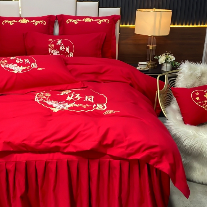91家纺网 家纺一手货源 找家纺 慕她婚庆四件套大红色结婚加厚磨毛刺绣花多件套直播 花好月圆
