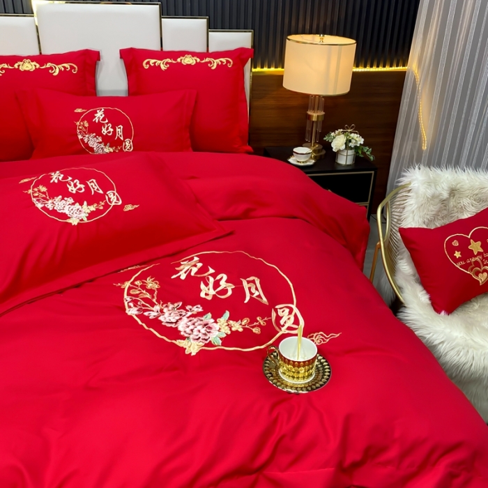 91家纺网 家纺一手货源 找家纺 慕她婚庆四件套大红色结婚加厚磨毛刺绣花多件套直播 花好月圆