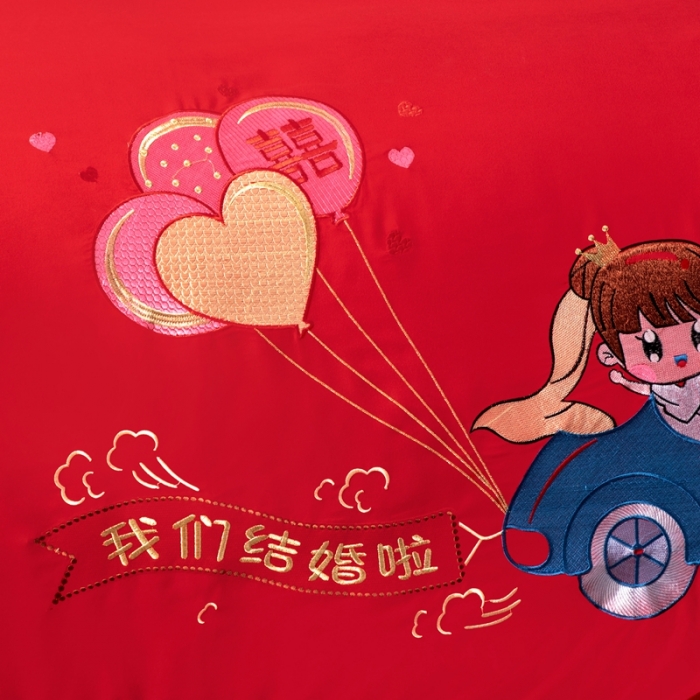 91家纺网 家纺一手货源 找家纺 慕她婚庆四件套大红色结婚加厚磨毛刺绣花多件套直播 浪漫旅行