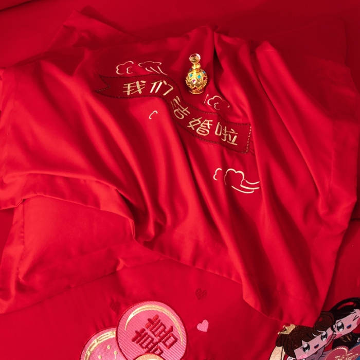 91家纺网 家纺一手货源 找家纺 慕她婚庆四件套大红色结婚加厚磨毛刺绣花多件套直播 浪漫旅行