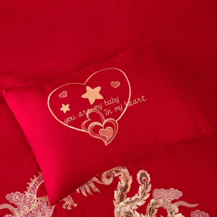 91家纺网 家纺一手货源 找家纺 慕她婚庆四件套大红色结婚加厚磨毛刺绣花多件套直播 龙凤传情