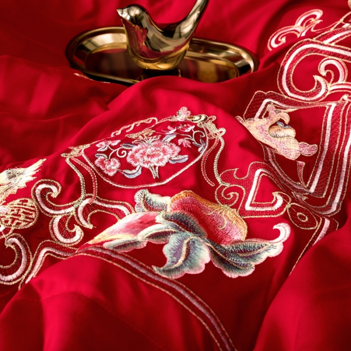 91家纺网 家纺一手货源 找家纺 慕她婚庆四件套大红色结婚加厚磨毛刺绣花多件套直播 龙凤传情