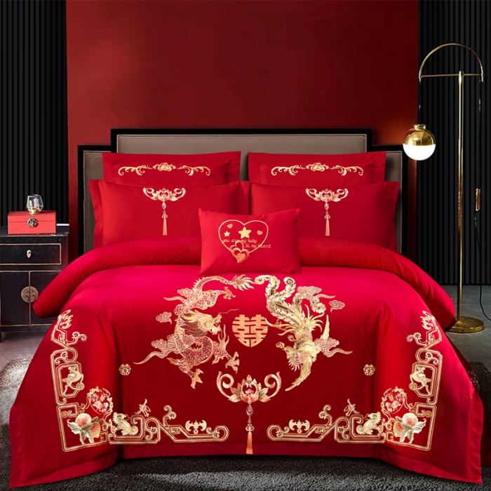 91家纺网 家纺一手货源 找家纺 慕她婚庆四件套大红色结婚加厚磨毛刺绣花多件套直播 龙凤传情