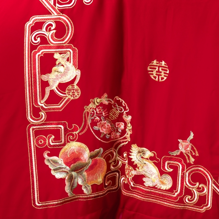 91家纺网 家纺一手货源 找家纺 慕她婚庆四件套大红色结婚加厚磨毛刺绣花多件套直播 龙凤传情