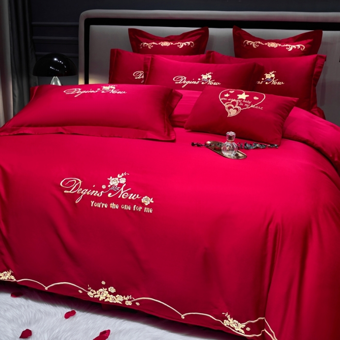 91家纺网 家纺一手货源 找家纺 慕她婚庆四件套大红色结婚加厚磨毛刺绣花多件套直播 玫瑰情缘