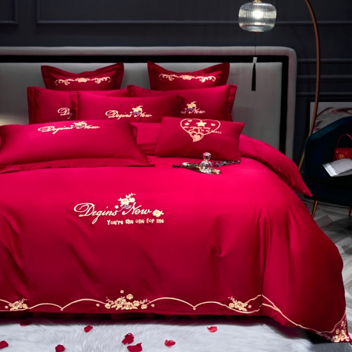 91家纺网 家纺一手货源 找家纺 慕她婚庆四件套大红色结婚加厚磨毛刺绣花多件套直播 玫瑰情缘