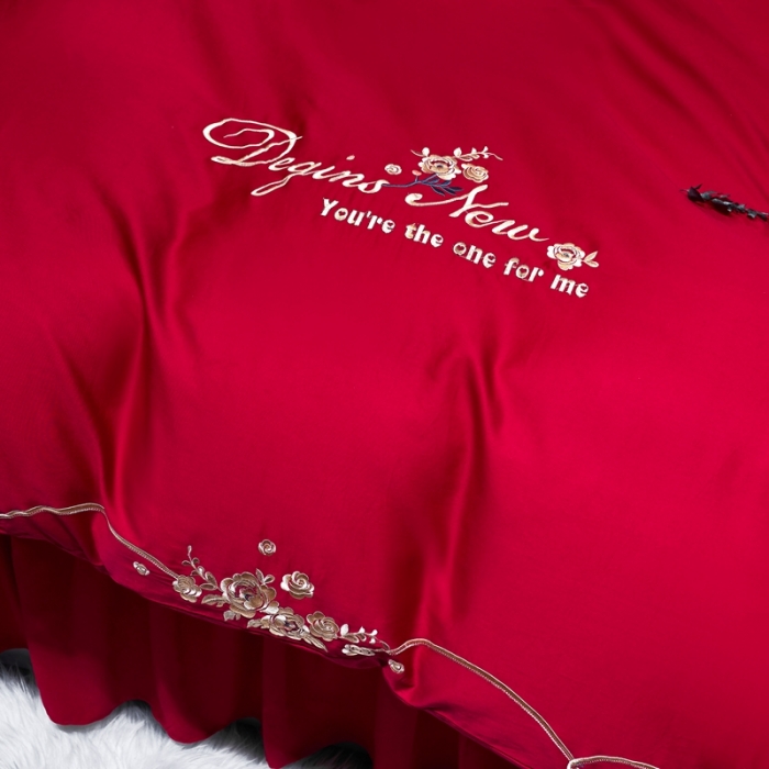 91家纺网 家纺一手货源 找家纺 慕她婚庆四件套大红色结婚加厚磨毛刺绣花多件套直播 玫瑰情缘