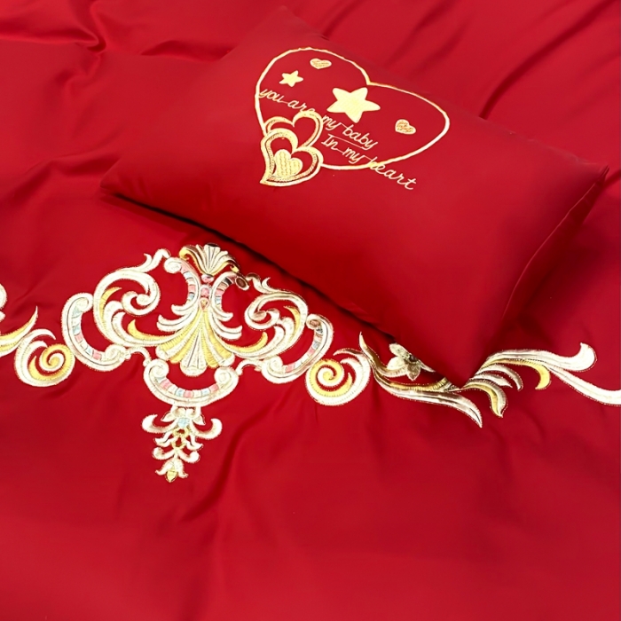 91家纺网 家纺一手货源 找家纺 慕她婚庆四件套大红色结婚加厚磨毛刺绣花多件套直播 米兰风情