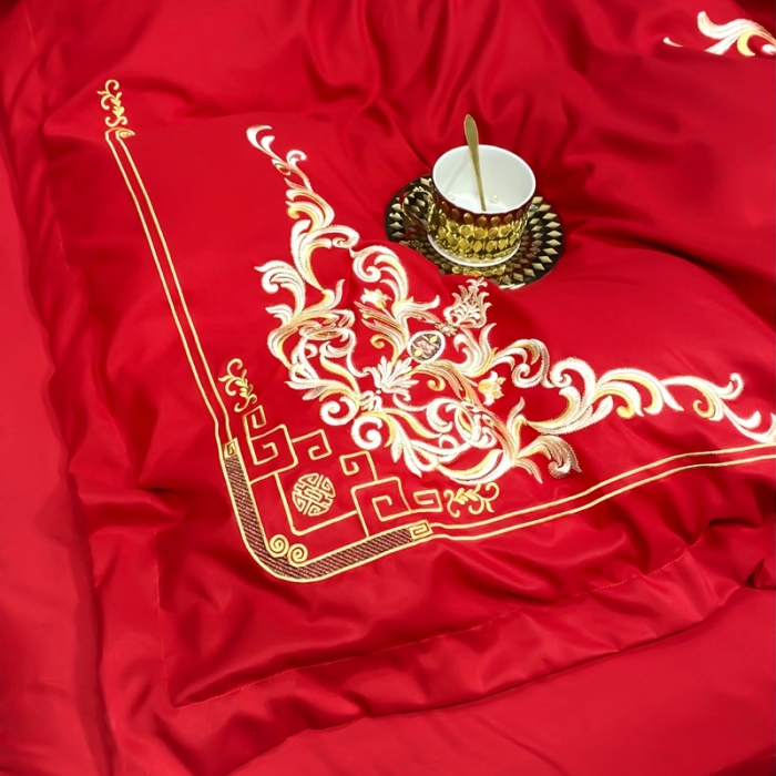 91家纺网 家纺一手货源 找家纺 慕她婚庆四件套大红色结婚加厚磨毛刺绣花多件套直播 米兰风情