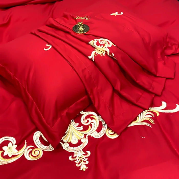 91家纺网 家纺一手货源 找家纺 慕她婚庆四件套大红色结婚加厚磨毛刺绣花多件套直播 米兰风情