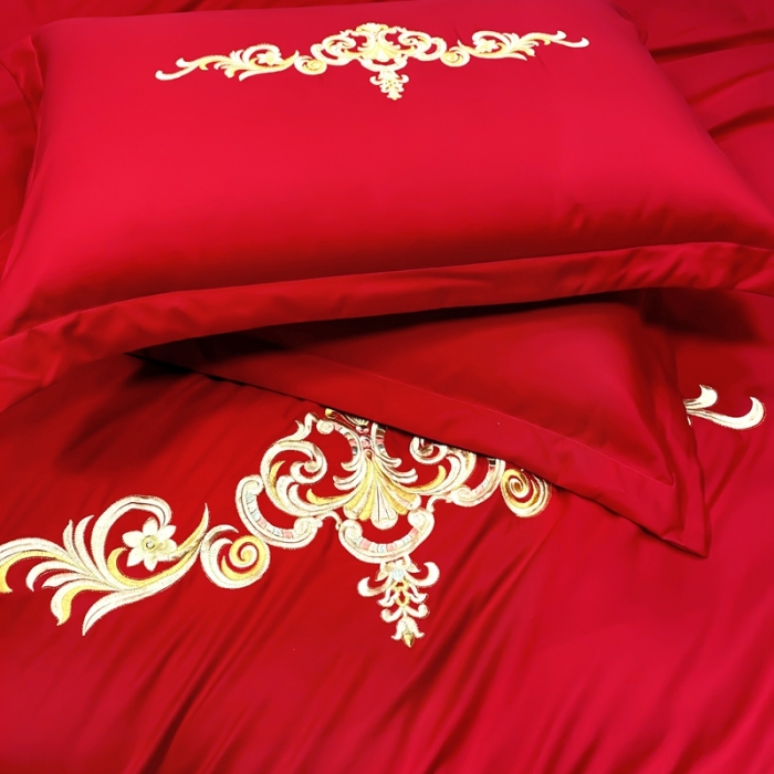 91家纺网 家纺一手货源 找家纺 慕她婚庆四件套大红色结婚加厚磨毛刺绣花多件套直播 米兰风情