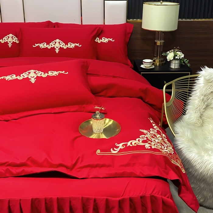 91家纺网 家纺一手货源 找家纺 慕她婚庆四件套大红色结婚加厚磨毛刺绣花多件套直播 米兰风情