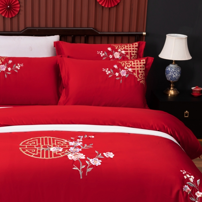 91家纺网 家纺一手货源 找家纺 慕她婚庆四件套大红色结婚全棉纯棉刺绣花多件套直播 暗香大红